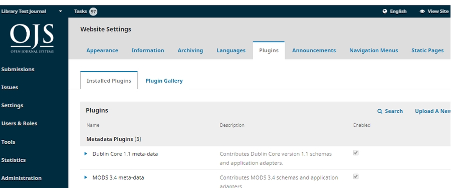 Plug Ins Tab in the Website Settings Screen